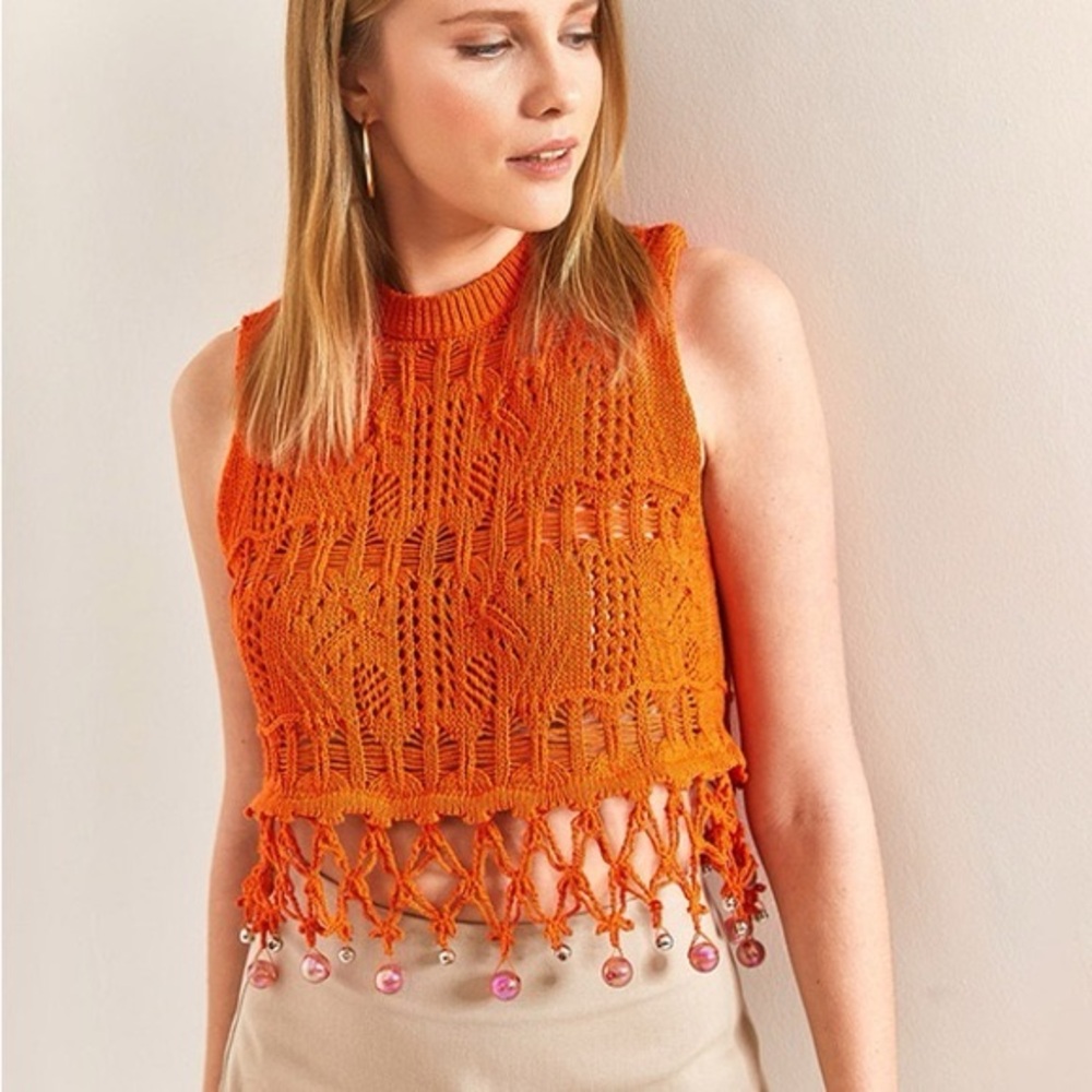 Zara Beaded Crochet Knit Top